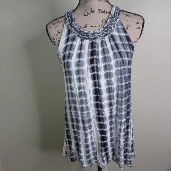Antibes Blanc Sleeveless Blouse M Black White Tye Dye - Picture 2 of 11